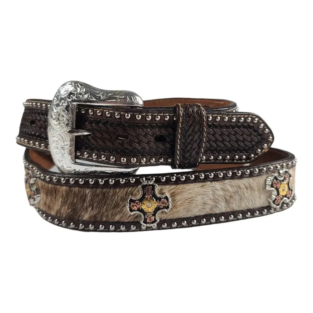 Ranger Belt Company Brown Black Silver Tone Cross Conchos Hand Tooled Belt 44